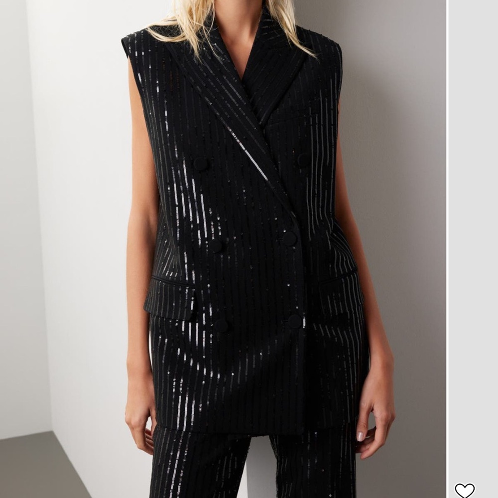 Michael Kors Black Sequin Pinstripe Double-Breasted Sleeveless Blazer Vest - Picture 6 of 8